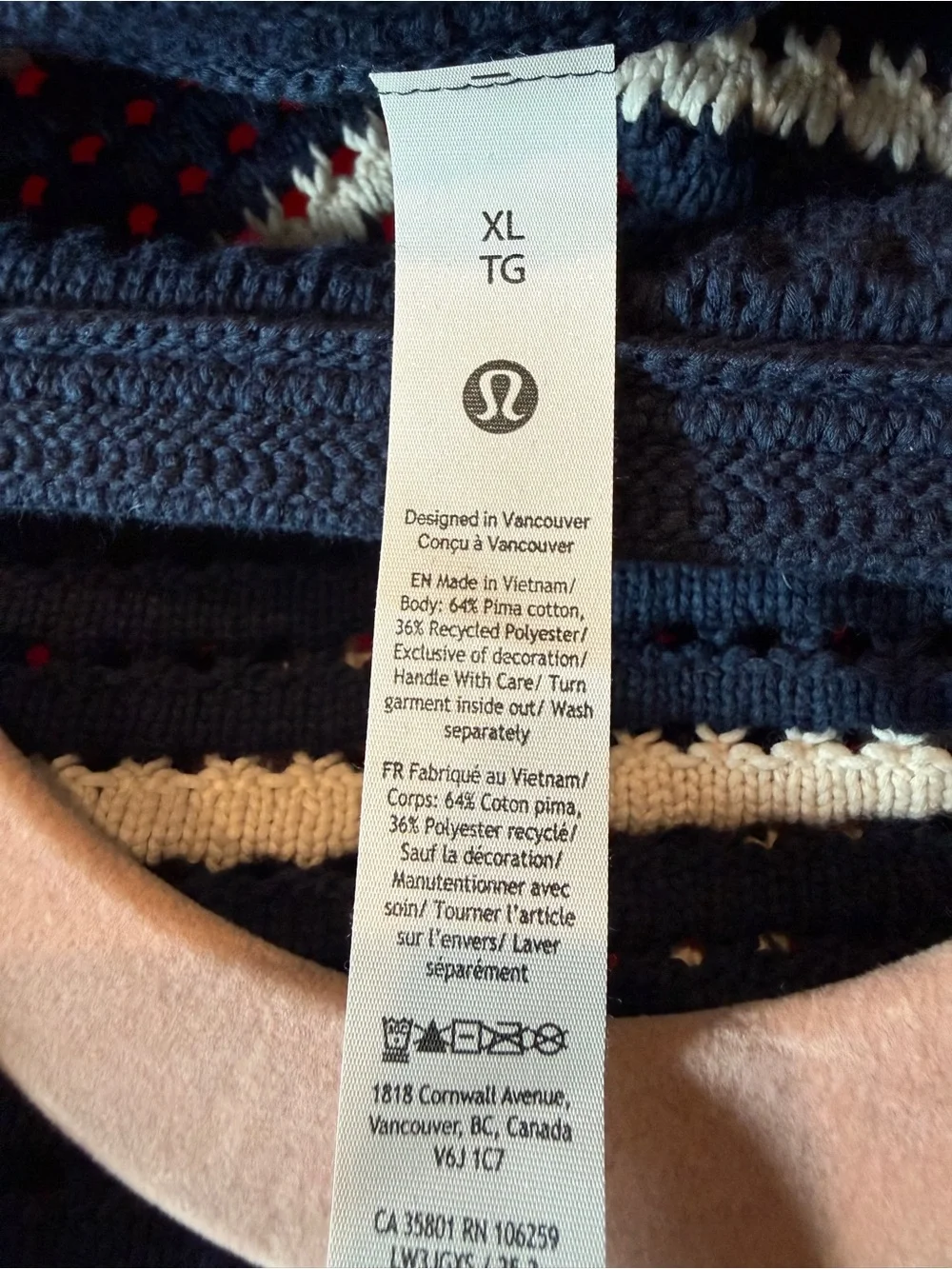 lululemon athletica Navy and White Striped Open-Weave Crew Sweater